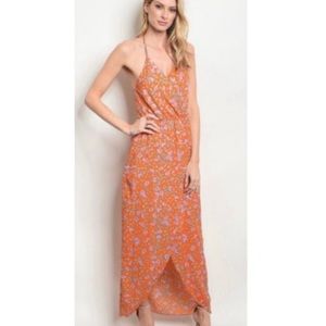 NWOT EVERLY ORANGE & PURPLE SPLIT HEM BOHO FLORAL MAXI DRESS SIZE SMALL